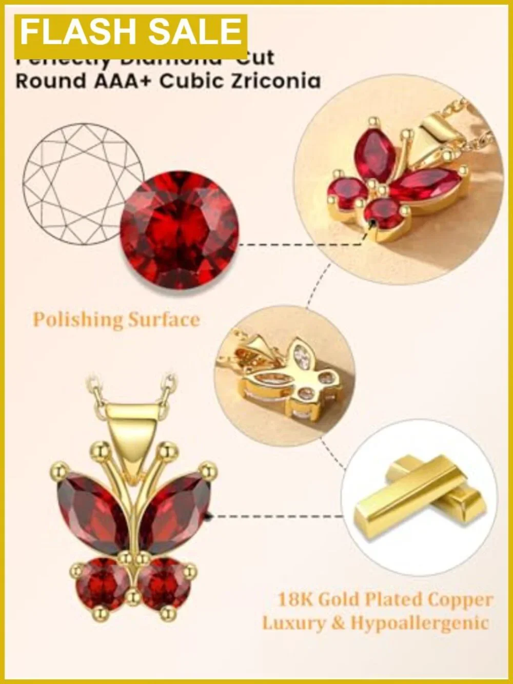 Butterfly Birthstone Necklace 18K Gold Plated Crystal Pendant 16in